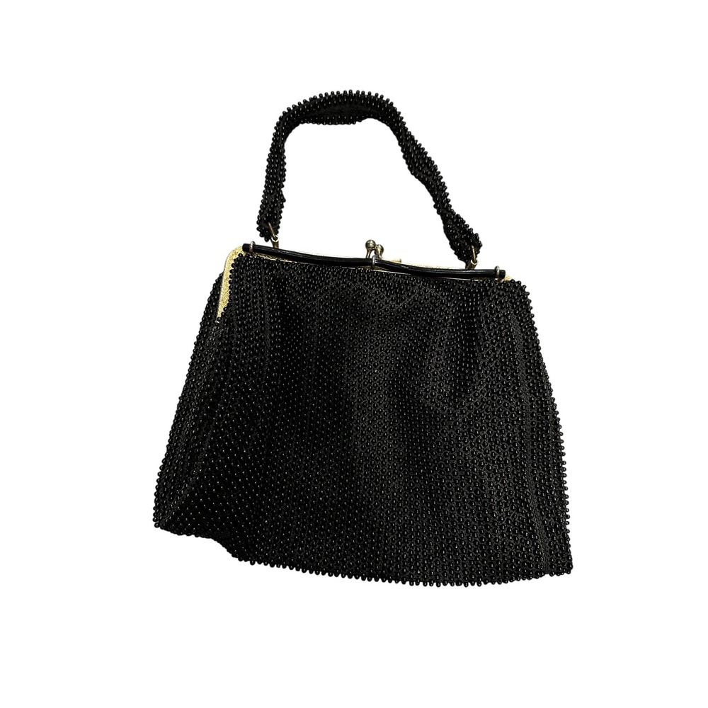 Vintage Black Beaded Handbag Midโ Century Kiss Lock Evening Bag Gold Frame